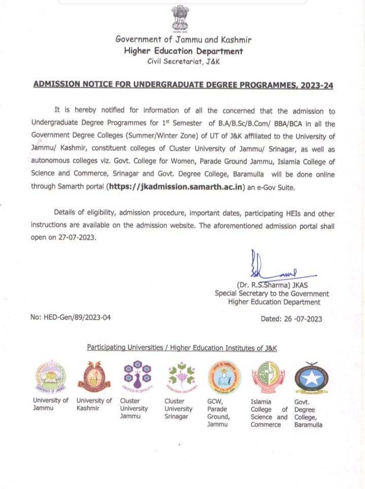 Notification Regarding UG Admission 2023 in Jammu And Kashmir UT