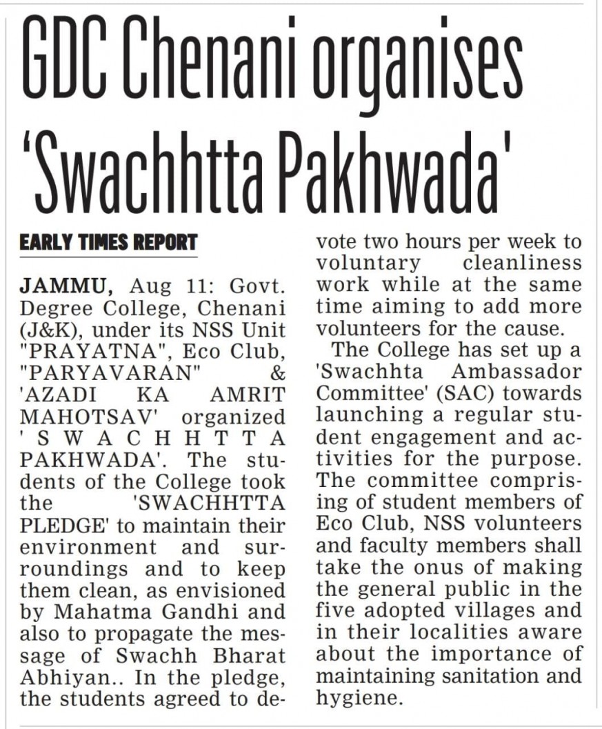GDC Chenani organises Swachhata pakhwada