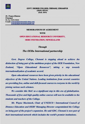 Memorandum of Agreement with Open Educational Resource university OERU Foundation, Newzealand through the OERu International Partnership