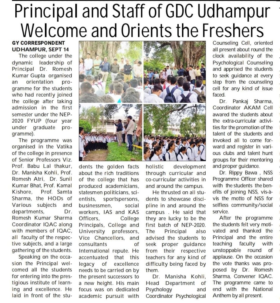 Principal and Staff of GDC Udhampur welcomed and orients the freshers
